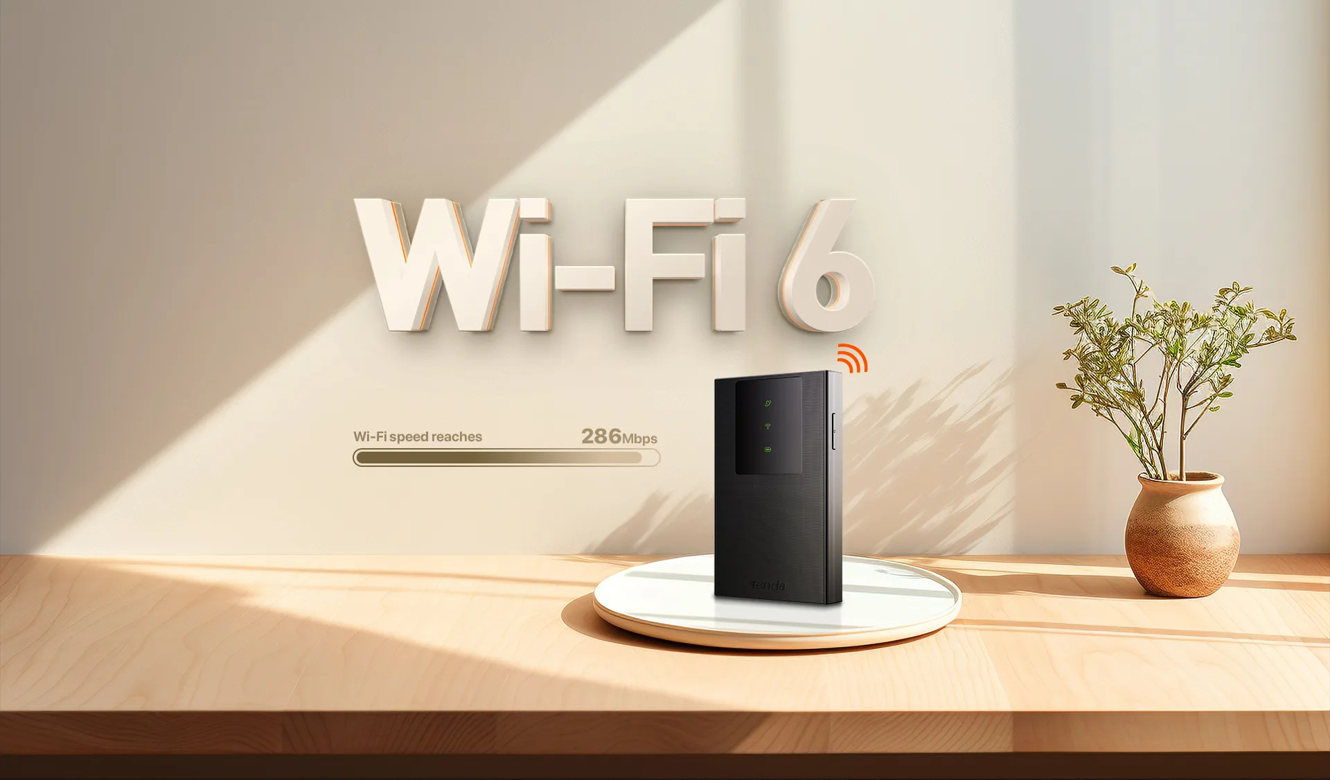 Router Tenda MF3 na stoliku, w tle napis Wi-Fi 6 oraz pokazanie prędkości, jaką osiąga - do 286 Mb/s