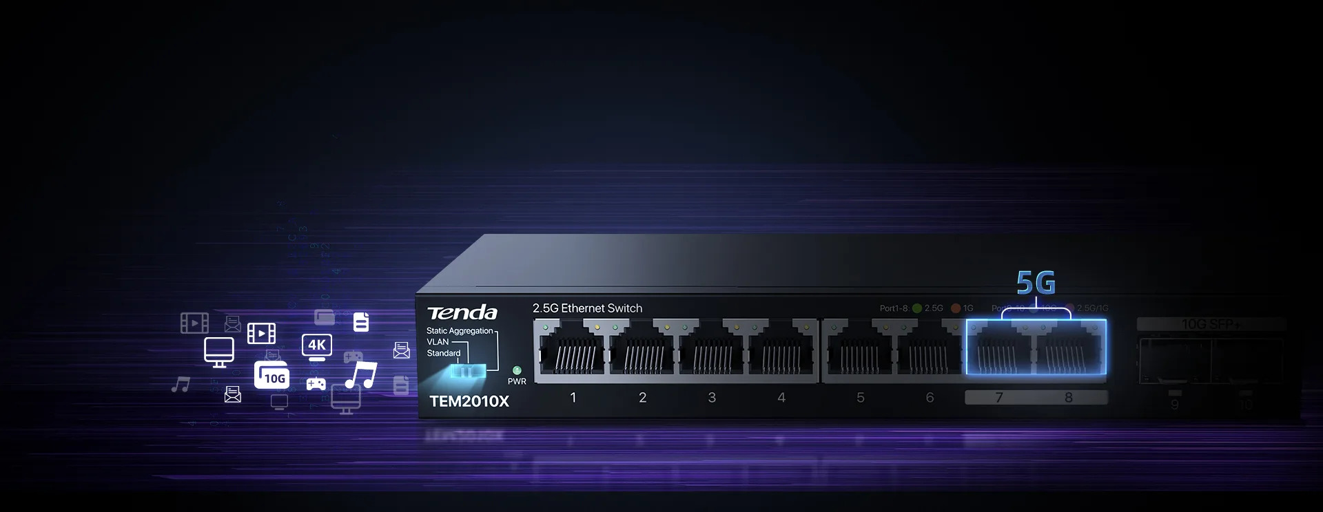 Switch Tenda TEM2010X tryb agregacji statycznej, dedykowany urządzeniom NAS, porty 7 i 8 łączą się w jeden superport 5G